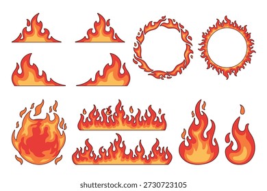 Cartoon burning flames, fire flame vector set, fire ring and blaze elements on white background