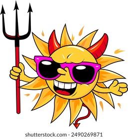 Cartoon burning hot sun character with trident, sunglasses and red horns. Funny bad summer heatwave sun, extreme hot weather temperature. Vector illustration