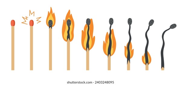 Animación de partidos de grabación de caricaturas. Palos de madera con proceso de combustión de cabezas de azufre, desvanecimiento gradual de llama, chispa, fuego y carbón, conjunto de vectores.eps
