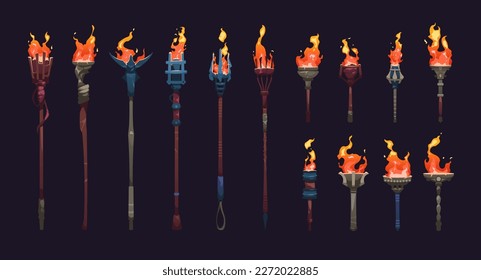 La antorcha de la quema de caricaturas. Colección de cuadros de animación de la secuencia medieval de llamas de fuego, llama sobre palos de madera metálica para activos de juego. Ilustración de la animación de la grabación de incendios del conjunto de vectores