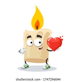 cartoon burning wax candle character mascot keeps the heart on white background
