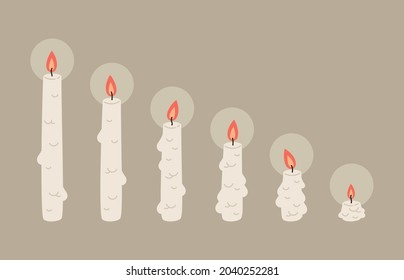 Cartoon burning wax candles. Paraffin candle burning stages hand drawn doodle vector illustration