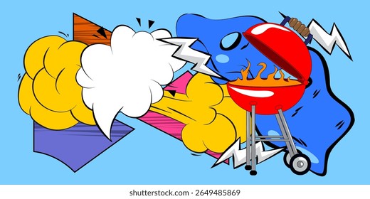 Cartoon burning wood in barbeque grill, comic book Cooking. Retro vector comics pop art design.