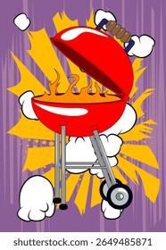 Cartoon burning wood in barbeque grill, comic book Cooking. Retro vector comics pop art design.