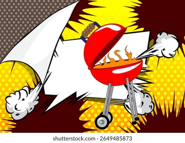 Cartoon burning wood in barbeque grill, comic book Cooking. Retro vector comics pop art design.