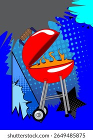 Cartoon burning wood in barbeque grill, comic book Cooking. Retro vector comics pop art design.