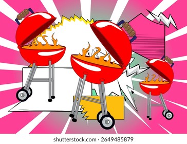 Cartoon burning wood in barbeque grill, comic book Cooking. Retro vector comics pop art design.