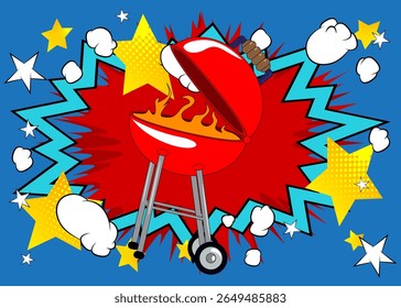 Cartoon burning wood in barbeque grill, comic book Cooking. Retro vector comics pop art design.