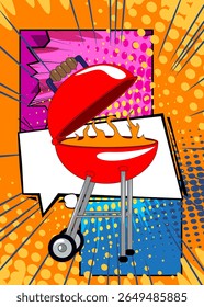 Cartoon burning wood in barbeque grill, comic book Cooking. Retro vector comics pop art design.