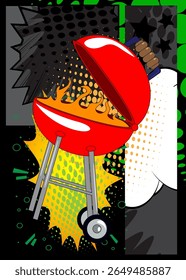 Cartoon burning wood in barbeque grill, comic book Cooking. Retro vector comics pop art design.