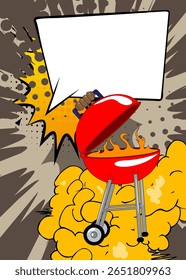 Cartoon Burning wood in barbeque grill with blank speech bubble, comic book BBQ background. Retro vector comics pop art design.