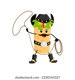 Cartoon burrito cowboy and sheriff, bandit and robber, ranger tex mex mexican food character with lasso. Isolated vector cowpuncher meal personage embodies essence of the Wild West with a spicy twist