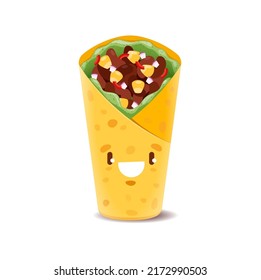 Cartoon Burrito Fast Food Character. Kawaii Spring Roll, Shawarma Or Doner Kebab Funny Personage. Vector Mexican Tex Mex Snack Filled With Lettuce, Beans, Corn And Vegetables With Happy Smiling Face