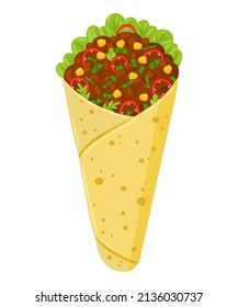 Cartoon Burrito with meat and vegetables. Mexican traditional food. Vector illustration. Isolated on white background.