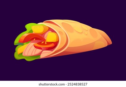 Burrito de dibujos animados, comida mexicana, rollo caliente tex mex. Envoltura de Vector rellena de ingredientes frescos como lechuga, tomates, queso y rebanadas de carne, encerrada en una tortilla suave, deliciosa y saludable comida