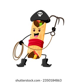 Cartoon burrito pirate and corsair tex mex mexican food character with a grappling hook. Isolated vector traditional Mexico cuisine personage ready to conquer the high seas with a taste for adventure