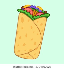 Ilustración vectorial de burrito de dibujos animados con contorno y envoltura en negrita. Este delicioso gráfico de envoltura de tortilla incluye rellenos visibles como carne y verduras, perfectos para menús de restaurantes mexicanos, marca de food truck, anuncios de comida rápida y contenido digital alegre.