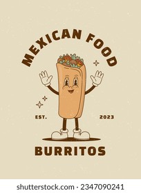 Cartoon burritos character in retro 70s style. Mexican food vector illustration. Vintage taco, kebab mascot poster. Nostalgia 60s, 1970s, 80s