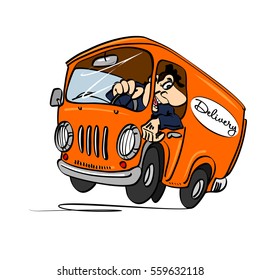 Cartoon bus with a driver, isolated on a white background. The concept of delivery.