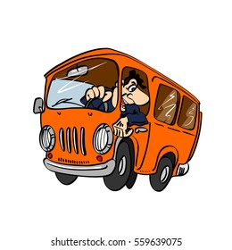 Cartoon bus with a driver, isolated on a white background