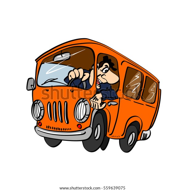 Cartoon\
bus with a driver, isolated on a white\
background
