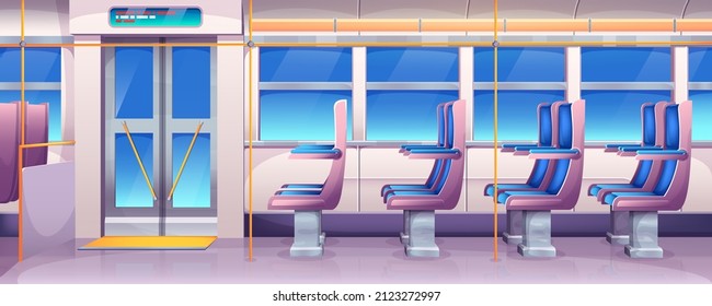 Cartoon Bus Interior With Chairs, Window And Handrails. Public City Transport With Digital Display Above Entrance And Exit Doors. Train Or Autobus Inside With Comfortable Passenger Seats With Armrests