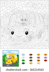 Cartoon bus on the forest road. Color by number educational game for kids. Vector illustration for schoolchild and preschool