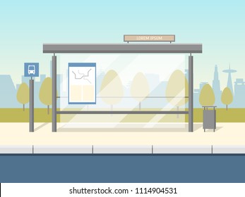 Cartoon Bus Stop Card Poster Concept Scene Element Flat Design Style. Vector illustration of Public Transport in City