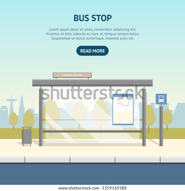 Cartoon\
Bus Stop Card Poster Ad Concept Scene Element Flat Design Style.\
Vector illustration of Public Transport in\
City
