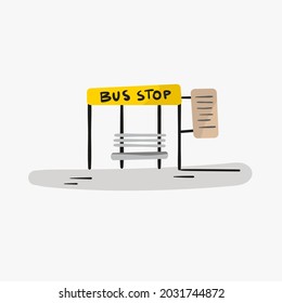 Cartoon bus stop with schedule isolated on white background. Hand drawn doodle illustration. Childish flat vector sign about transport