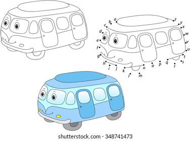 Cartoon bus. Vector illustration. Coloring and dot to dot educational game for kids