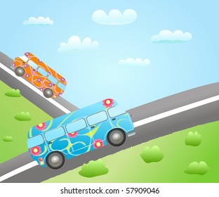 cartoon buses with floral elements ornaments. mini vans on roads with sky, clouds background