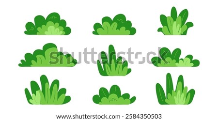 Cartoon bush grass, forest tree and plant, green garden icon. Park, leaf, lawn. Landscape and meadow, abstract field, cute foliage doodle set isolated on white background. Nature vector illustration