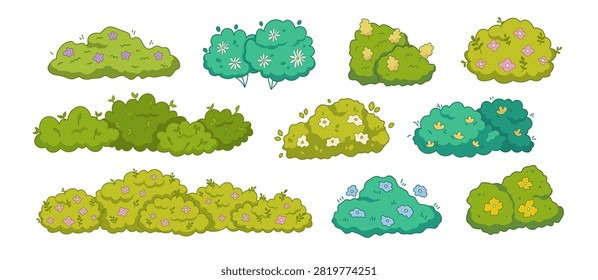Cartoon bush with green grass and vector plant elements for forest illustrations. Flat park garden icons with shrubs and hedge fields. Nature leaf designs with meadow foliage and simple floral shapes.