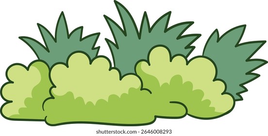Cartoon bush with round and spiky green leafy shapes illustration