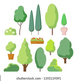 Cartoon bush and tree set. Vector trees and bushes isolated on white background, nature green forest plants for hedge or cute landscape