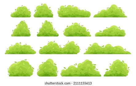 Cartoon bushes. Green garden decorative hedge and forest shrubs with leaves. Vector isolated set