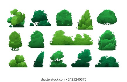 Cartoon bushes. Green shrubs and trees for garden, hedge and field, floristic decorative elements in flat style. Vector isolated set of garden green plant, tree forest illustration