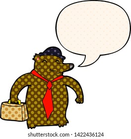 cartoon business bear with speech bubble in comic book style