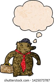 cartoon business bear with thought bubble in grunge texture style