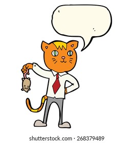 cartoon business cat with dead mouse with speech bubble