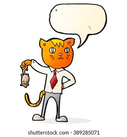cartoon business cat with dead mouse with speech bubble