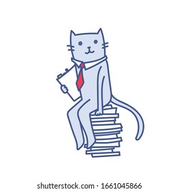 Cartoon business cat with documents file folder sitting on pile of folders, successful accounting working, vector illustration isolated on white. Concept of archive and inspection.