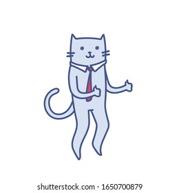 Cartoon business cat with hands in like gesture, successful businessman boss approving, vector illustration isolated on white. Corporate leadership business concept of success and support.