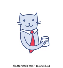 Cartoon business cat in red tie holding mug with Boss word, successful businessman leader picture, kawaii vector illustration isolated on white. Corporate leadership concept of success.