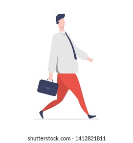 Cartoon business character. Businessman with a briefcase walks and smiles. A successful businessman has a cheerful character. Vector illustration in flat style on white background