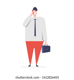 Cartoon business character. Businessman talking on the phone and smiling. A successful businessman has a cheerful character. Vector illustration in flat style on white background