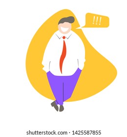 Cartoon business character. A happy businessman stands and laughs by shoving his hands into his pants. Vector illustration in flat style