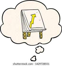 cartoon business chart with arrow with thought bubble in comic book style