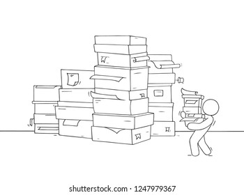 Cartoon business concept abot paperwork. Doodle cute miniature with tired businessman. Hand drawn cartoon vector illustration.